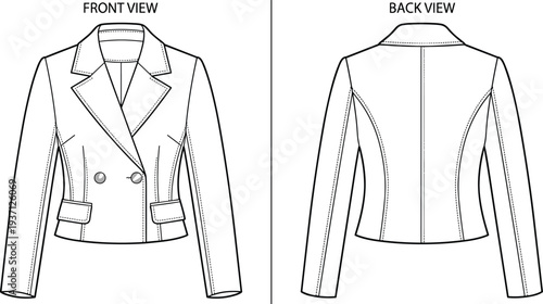 Women's double breasted cropped jacket technical fashion flat sketch with front and back views tailored seams pockets and lapel collar design