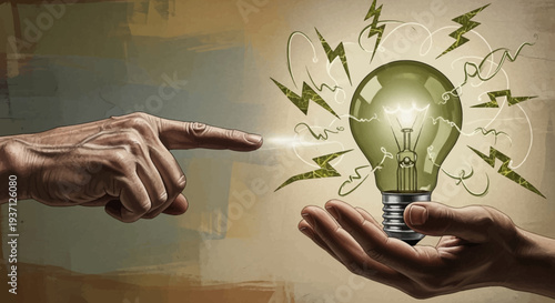 Hands exchanging a glowing light bulb idea.