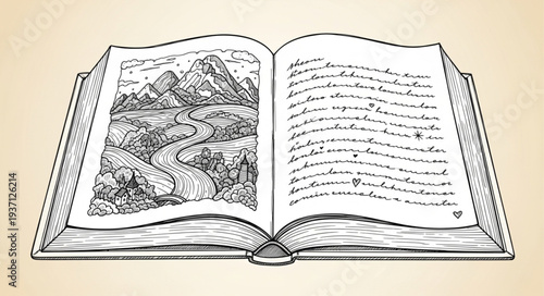 Open Book with Text and Illustrations on Pages.