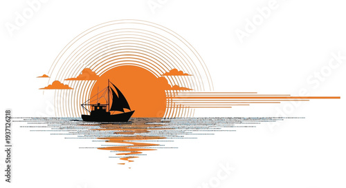 A minimalist illustration depicts a sailboat silhouetted against a vibrant orange sunset over water high quality