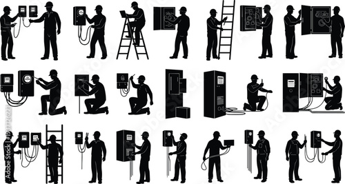 Silhouette set of electricians installing electrical meters and panels, utility technicians repairing wiring, professional electrical workers maintenance collection, vector illustration