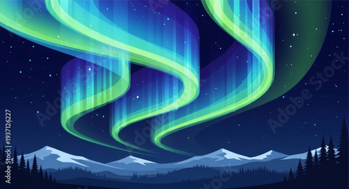 Spectacular Aurora Borealis Display Over Mountain Range.