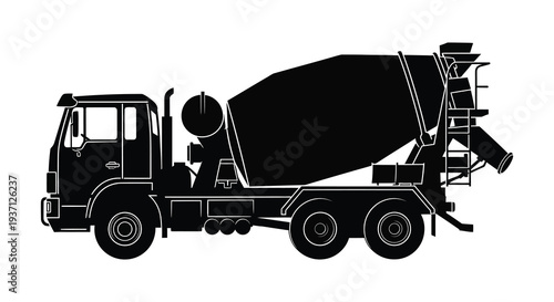A black silhouette depicts a side view of a heavy duty concrete mixer truck high quality professional