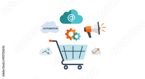 E-commerce Marketing Automation Strategy. Digital Sales Funnel Optimization Concept with Shopping Cart, Cloud, Email, Advertising, Gears & Growth.