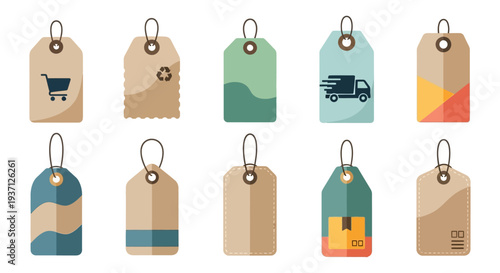 Modern Flat Design Vector Tags Collection for E-commerce & Retail: Shopping, Delivery, Price, & Sustainability Labels