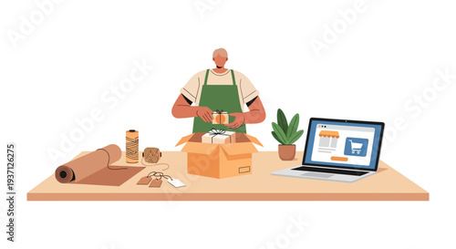Small Business Owner Packaging Online Orders. Entrepreneur Prepares E-commerce Gifts for Shipping and Delivery.