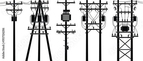 Electric utility poles and transformers silhouettes showing power distribution infrastructure with cables insulators and transmission equipment illustration