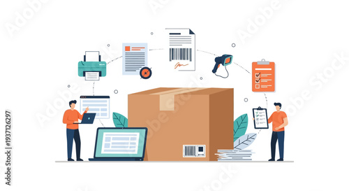 Logistics and Supply Chain Management Illustration: Shipping, Delivery, Inventory, and E-commerce Order Fulfillment Process
