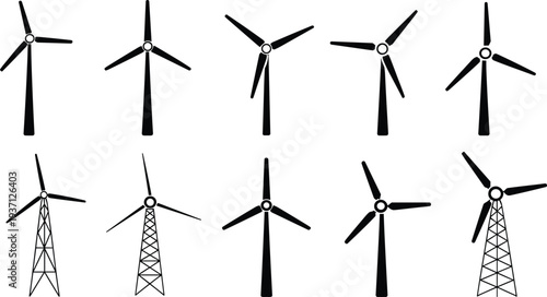 Wind turbine silhouettes collection, renewable energy technology illustration, sustainable electricity generation design, eco power infrastructure, clean environment, green future concept