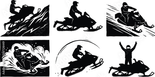 Snowmobile rider action silhouettes showing winter motorsport racing, jumping and drifting snowmobile adventure scenes