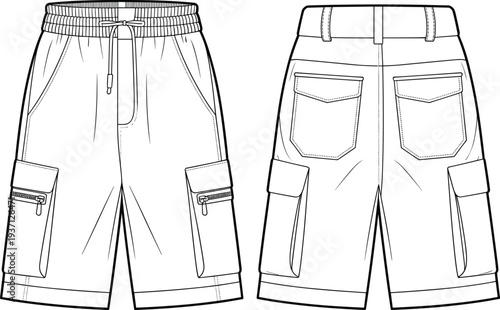 Two pairs of cargo shorts with detailed pockets and drawstrings in a minimalist line style line minimalist