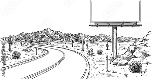 Empty desert highway winding through cactus landscape toward rugged mountains with roadside billboard, detailed black ink line art illustration scenic western panorama