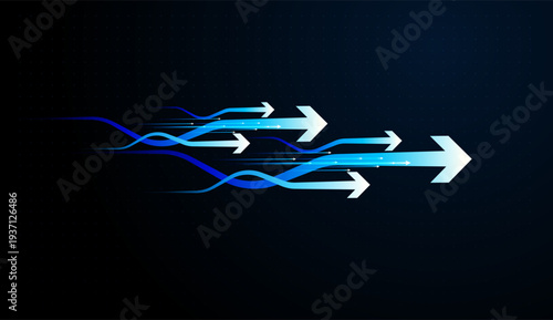 Modern digital Sleek arrows stream forward across a dark grid, symbolizing digital technology driving quantum increase and long-term success. and Flowing blue arrows