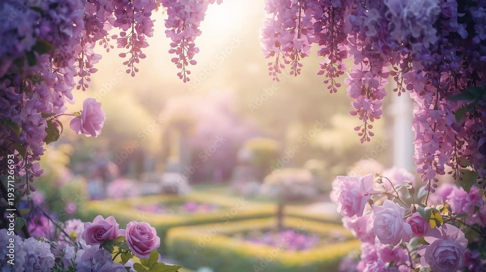 Naklejka premium Luxurious Regency Era Garden with Wisteria and Roses. Enchanting Floral Frame of Pink Flowers in Sunny English Park. Bridgerton Aesthetic Background