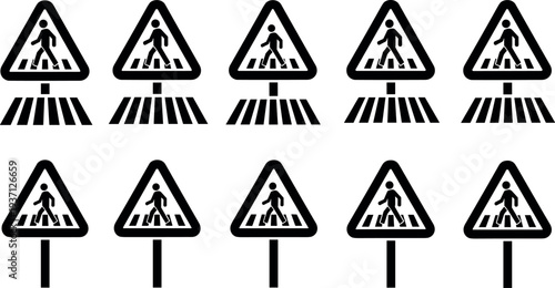 Pedestrian crossing warning sign icon set, zebra crossing road safety symbols collection, traffic caution signs for walkway and street vector illustration
