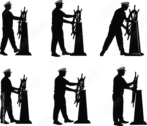 Silhouette ship captain steering wheel, nautical navigation, sailor figure, maritime control, ocean travel, sea adventure, marine profession, helmsman posture, boat steering illustration