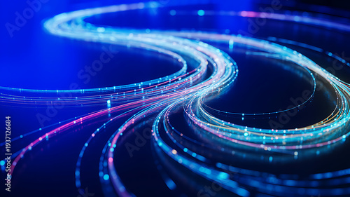 Abstract flowing light trails illustrating digital data transmission and interconnected networks in a vibrant blue spectrum, symbolizing high-speed communication and technological advancement