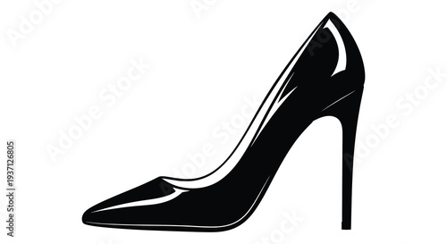 A sleek black stiletto heel is displayed in a minimalist graphic illustration on a white background