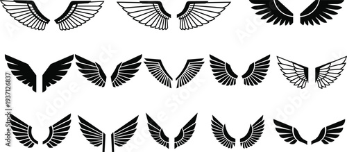 Abstract wing icons collection, black bird wings silhouettes set, angel wing logo elements, heraldic feather wings symbols, tattoo style vector wing designs