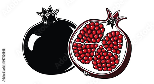 A stylized illustration depicts a whole and a halved pomegranate showcasing its vibrant seeds high quality