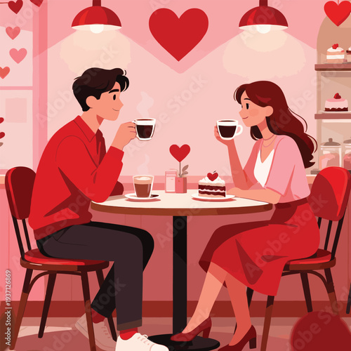 Romantic Couple Having Coffee Date in Cafe with Heart Decorations, Valentine's Day Celebration Illustration.