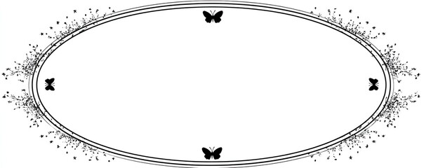 A black and white oval frame with butterflies and decorative floral elements