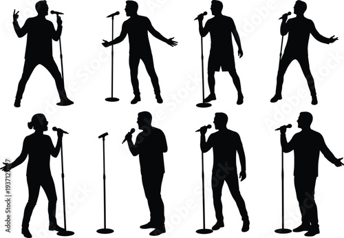Silhouette singers and speakers performing with microphones in various poses, music and speech concept, stage performance theme, flat vector illustration