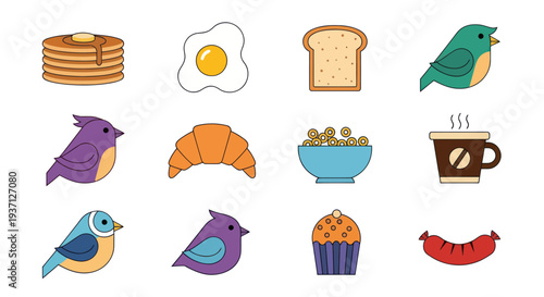 Breakfast food and bird illustrations set
