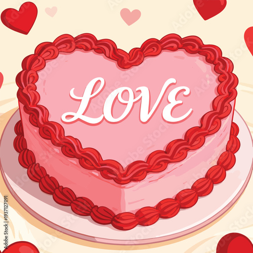Heart Shaped Pink Cake with Love Text and Red Frosting Border, Romantic Valentine's Day Sweet Treat.