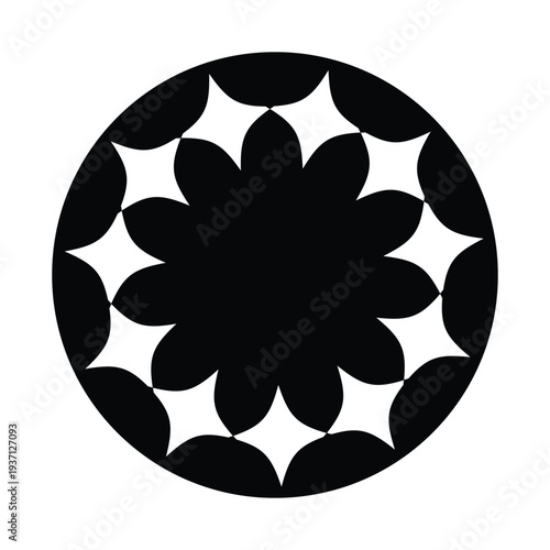 Black and White Circular Geometric Mandala Design with Star Motifs