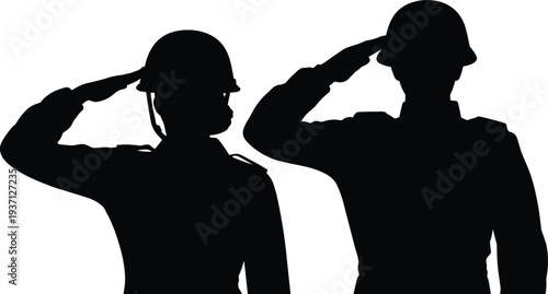 Silhouette soldiers saluting in military uniform with helmets, respect, discipline, patriotic tribute, armed forces honor, service illustration