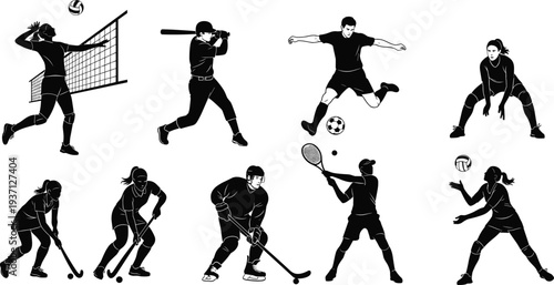 Silhouette sports athletes set with volleyball, baseball, soccer, basketball, hockey, tennis, archery, active lifestyle, athletic illustration
