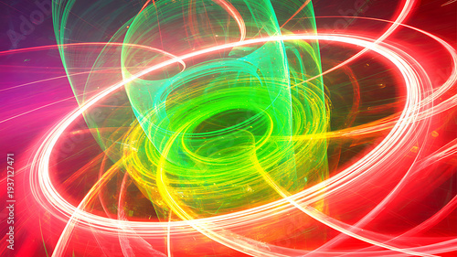 Vibrant abstract light swirls with energetic red, green, and yellow hues creating a dynamic sense of motion and digital art for a captivating and modern visual experience