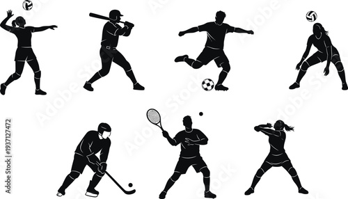 Silhouette sports athletes set with volleyball, baseball, soccer, hockey, tennis, archery, active lifestyle, fitness, athletic illustration