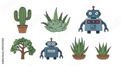 Cactus succulents and robots collection