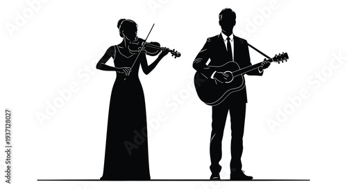 A silhouetted couple performs music a woman with a violin and a man with a guitar