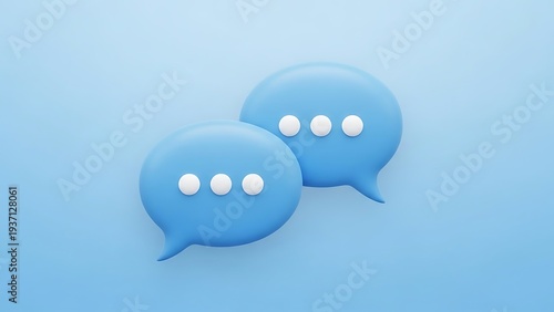 A minimalistic composition features two light blue speech bubbles with white ellipses symbolizing digital communication and conversation high-quality
