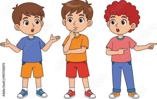 Cartoon Kids Showing Different Gestures and Confused Expressions Set, Children Thinking, Questioning and Pointing Poses, School Emotion Characters Vector Illustration Collection