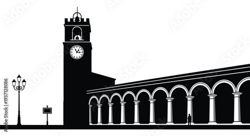 A striking black and white illustration of a clock tower and colonnaded building facade high quality professional detailed