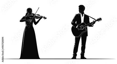 A black and white silhouette of a violinist and a guitarist performing music together high quality