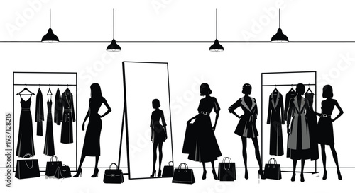 A stylish black and white illustration of a boutique with clothing racks and fashionable figures