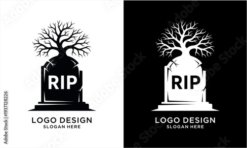 Grave with Tree Logo Design, RIP Tombstone with Bare Tree Silhouette.