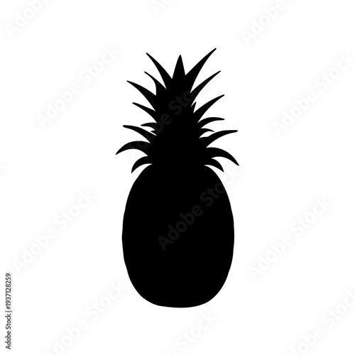 Silhouette of a pineapple fruit with its leafy crown on white background