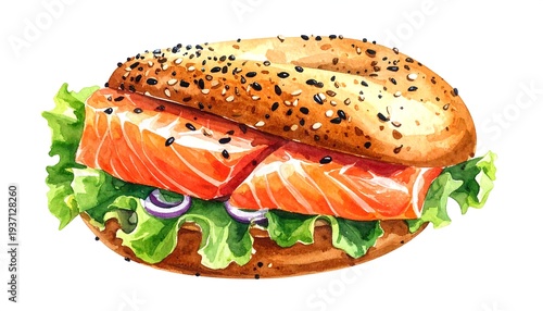 A watercolor bagel sandwich with salmon, lettuce, and red onion on a white background