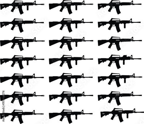 Grid of rifle silhouettes in uniform rows, depicting military firearm design, symbolic of weapons, defense, gun control, and impactful stock illustration for thematic projects