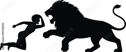 Silhouette illustration of lion confronting human figure in dramatic defensive posture, expressive animal aggression, wildlife danger scene, symbolic confrontatio