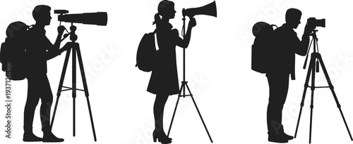 Black Silhouettes of Professionals Using Professional Camera Telescope and Megaphone on Tripods for Scientific Research Media Production and Communication Isolated on White Background
