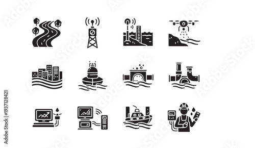 Modern technology and infrastructure icons for business and industry use