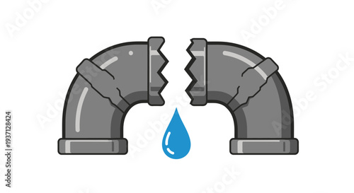 Broken grey pipe with a blue water drop falling white background leak