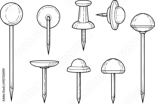 Collection of assorted and push pins with sharp points white background pushpin tack